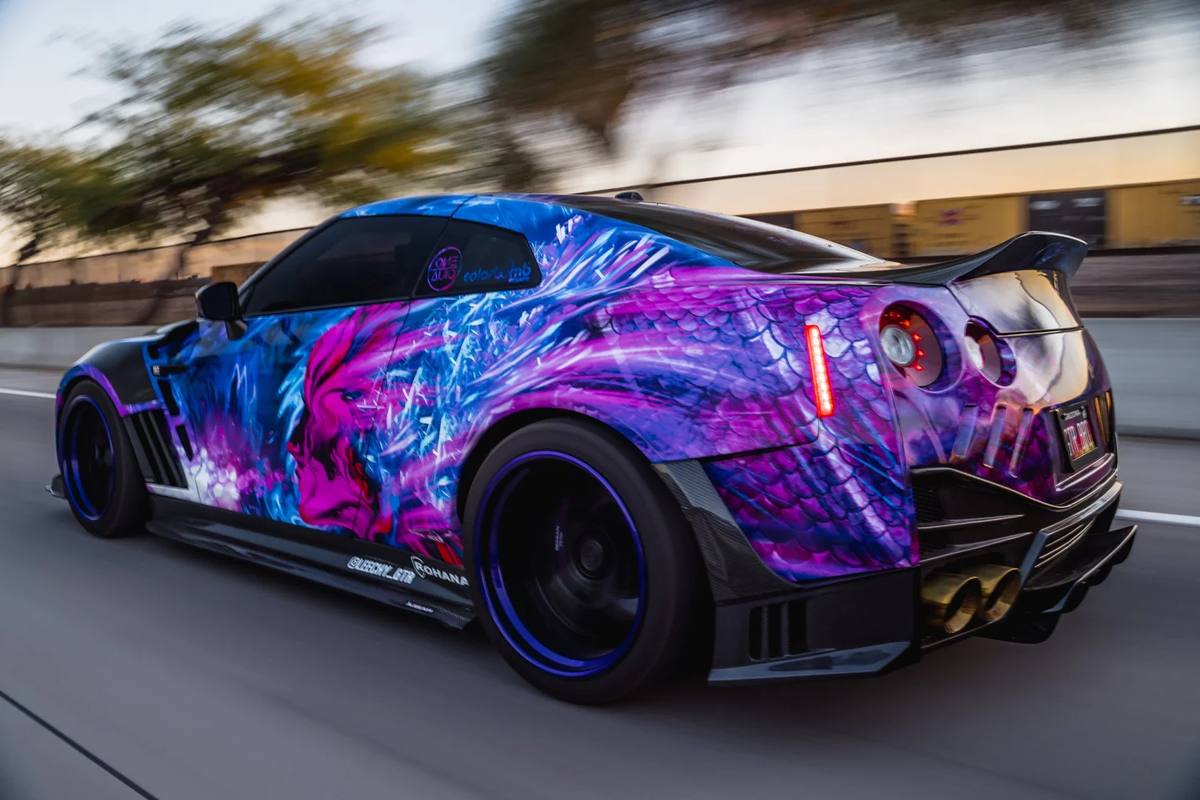 Galaxy-wrapped Nissan GT-R rolling shot